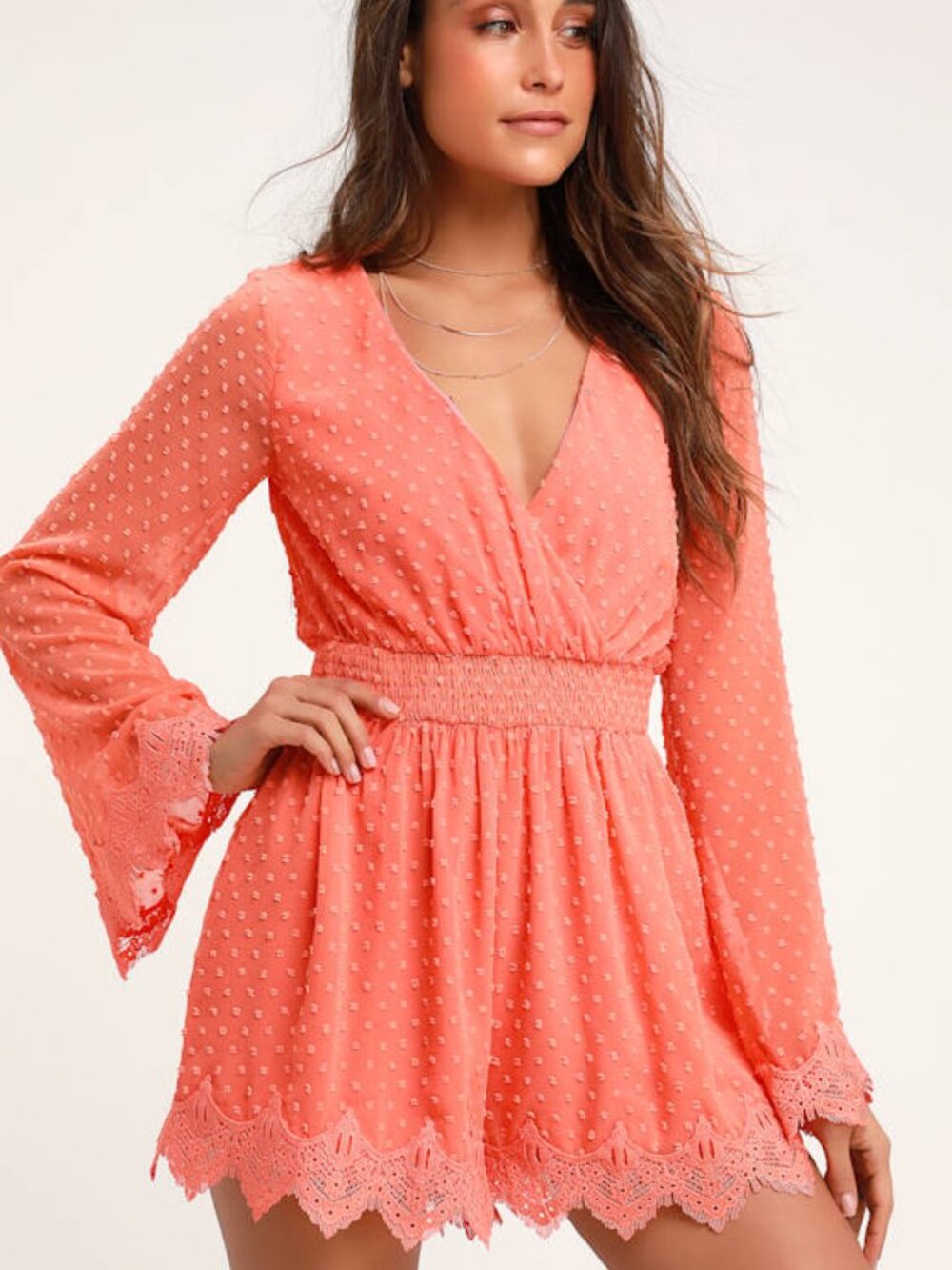 Lulus Meadowlake Coral Orange Swiss Dot Lace Bell Sleeve Romper - Size XS